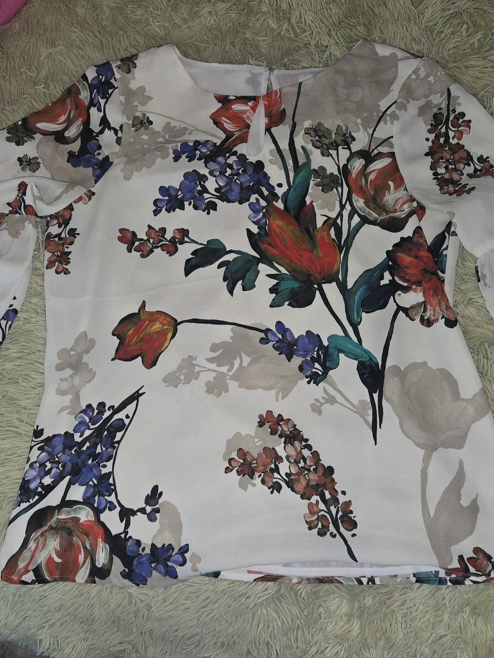 Express Floral Long-Sleeve Blouse - White with Red Green Blue M